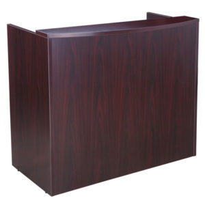 A modern, TOS 48″ Reception Desk in Cherry Laminate isolated on a white background.