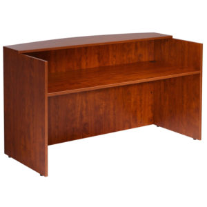 TOS Reception Desk with a rectangular top and an open shelf, finished in a cherry veneer.