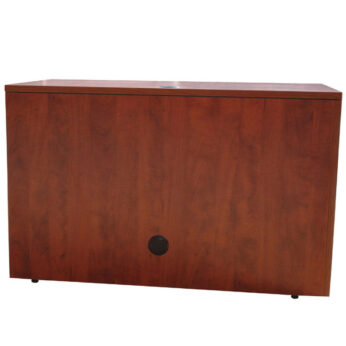 Wooden storage cabinet with a flat top and single black knob on the door, set against a plain background.