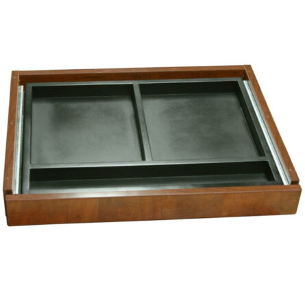 Wooden TOS Center Drawer with three black, shallow compartments.