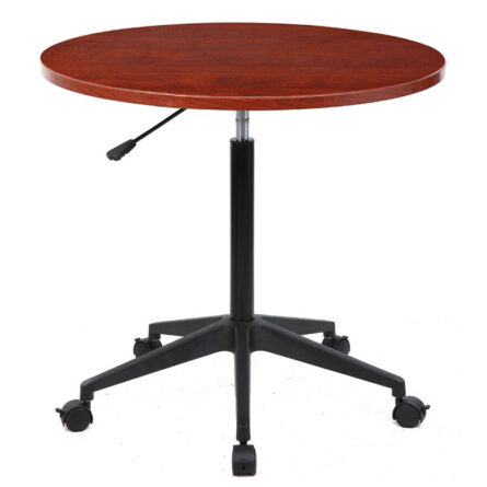 A 32″ Mobile Round Table, Cherry with an adjustable metal stand and caster wheels, isolated on a white background.