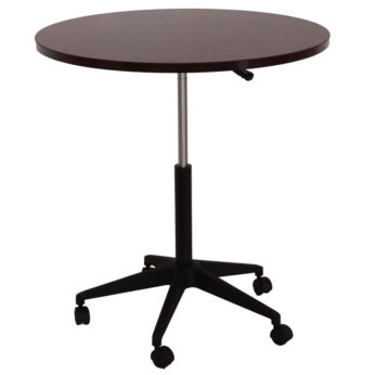 32″ Mobile Round Table, Mahogany with black wheeled base.