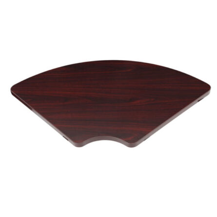 Curved corner TOS Corner Table in a Mahogany finish with a smooth surface and visible wood grain.