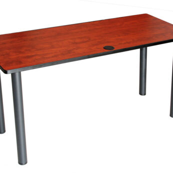 TOS Training Table 48W X 24″D Cherry with four gray metal legs, featuring a single cable management hole on the top surface.