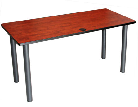 TOS Training Table 48W X 24″D Cherry with four gray metal legs, featuring a single cable management hole on the top surface.