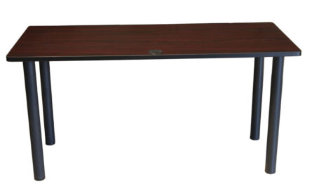 A TOS Training Table 36″W X 24″D Mahogany with a dark brown top and four black metal legs, featuring a single drawer with a round knob.