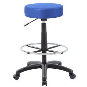 Adjustable DOT drafting stool, Blue with a black footrest and five-wheeled base.