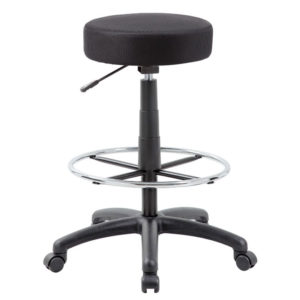 Adjustable DOT drafting stool with a padded seat, foot ring, and five-wheel base.