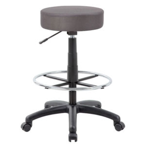 Adjustable DOT drafting stool, Charcoal Grey with a circular footrest and five caster wheels.