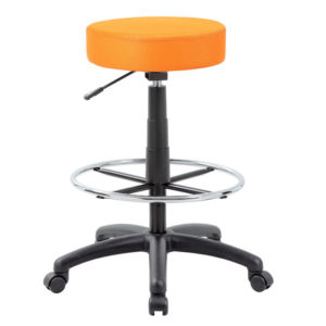 Adjustable DOT drafting stool with a bright orange seat, black base, and chrome footrest on a white background.