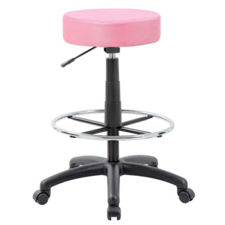 A pink cushioned, height-adjustable swivel DOT drafting stool with a black base and chrome footrest ring.