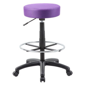 Adjustable-height stool with a Purple DOT drafting stool, a footrest ring, and a black base with caster wheels.