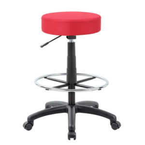 Adjustable DOT drafting stool with a padded seat, black metal footrest, and five-wheeled base.