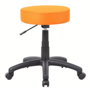 Adjustable DOT stool with a bright orange cushion and a five-wheel base.