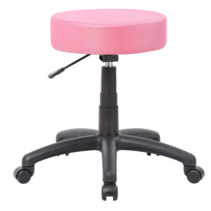 A pink, round, fabric-upholstered DOT stool with a five-point rolling black base.