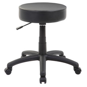 Adjustable black DOT stool with a circular seat, lever on the side, and five caster wheels.