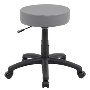 Adjustable grey DOT stool with a circular padded seat and a five-wheeled base.