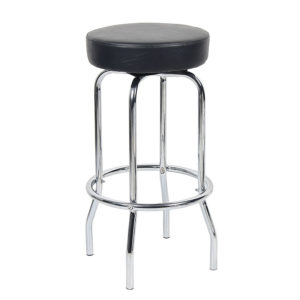 A 29" Chrome/Black Stool with a shiny chrome frame and a footrest, isolated on a white background.