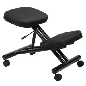 Black ergonomic Kneeling Stool with padded seat and knee rests, featuring a metal frame and caster wheels.