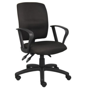 Multi-Function Fabric Task Chair W/Loop Arms with armrests and five-wheeled base, isolated on a white background.