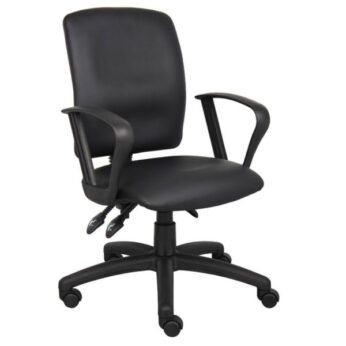 Multi-Function LeatherPlus Task Chair W/Loop Arms with armrests and wheels, featuring adjustable height and back support.