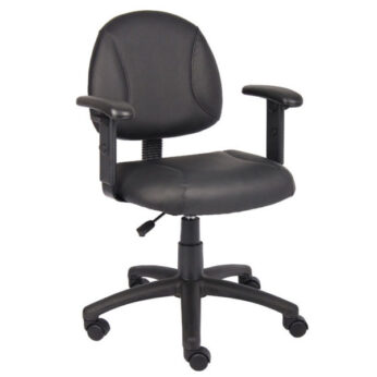 Black Posture Chair W/ Adjustable Arms with a black leather finish, adjustable armrests, and a five-wheel rolling base.