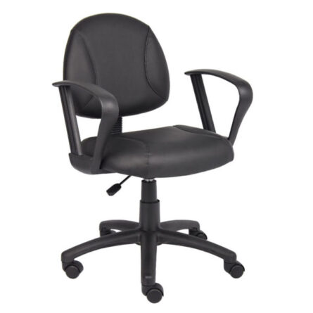 Black Posture Chair W/ Loop Arms with adjustable height and five caster wheels.