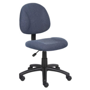 An adjustable Perfect Posture Deluxe Office Task Chair without Arms in Blue fabric upholstery and a five-wheeled black base.