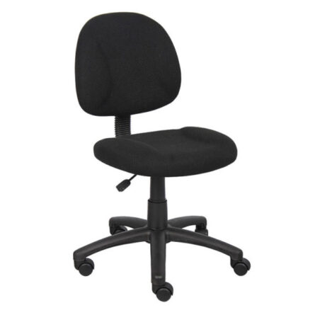 A Perfect Posture Deluxe Office Task Chair without Arms, Black swivel office chair with adjustable height lever and five caster wheels.