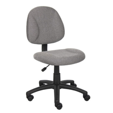 Adjusted Perfect Posture Deluxe Office Task Chair without Arms, Grey with a fabric seat and backrest on a black five-wheel base.