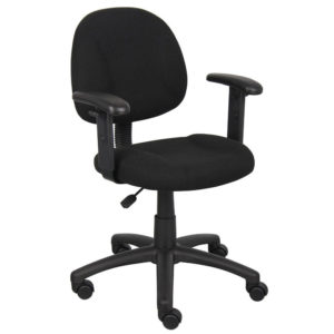 Perfect Posture Deluxe Office Task Chair with Adjustable Arms, Black with adjustable armrests and wheels, featuring a padded seat and backrest.