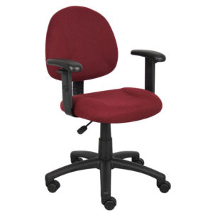 An Perfect Posture Deluxe Office Task Chair with Adjustable Arms, Burgundy with a burgundy fabric seat and backrest, adjustable armrests, and a black swivel base with wheels.