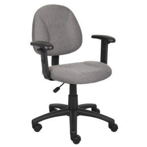 An adjustable Perfect Posture Deluxe Office Task Chair with Adjustable Arms, grey with armrests and a five-wheeled base.