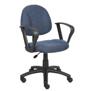 A Perfect Posture Deluxe Office Task Chair with Loop Arms, Blue with armrests, an adjustable lever, and a black wheeled base.