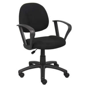 Perfect Posture Deluxe Office Task Chair with Loop Arms, Black with armrests and adjustable height on a five-wheeled base.