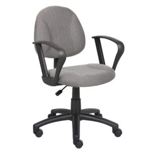 An Perfect Posture Deluxe Office Task Chair with Loop Arms, grey upholstery, black armrests, and a five-wheel base, viewed against a white background.