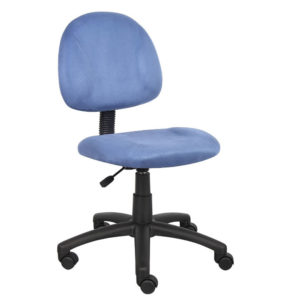 A Perfect Posture Deluxe Modern Microfiber Home Office Chair without Arms, Blue with a curved backrest, cushioned seat, adjustable height lever, and black rolling caster wheels.