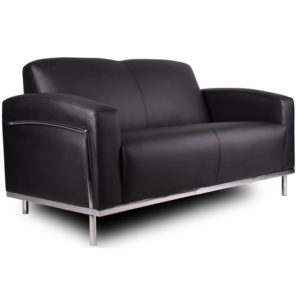 A modern Black CaressoftPlus Loveseat with Chrome Frame, isolated on a white background.