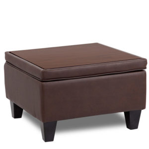 A Bomber Brown Reception Sectional Ottoman with a lift-up lid and wooden legs, isolated on a white background.