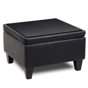 A Black Reception Sectional Ottoman with a removable top and short wooden legs, isolated on a white background.