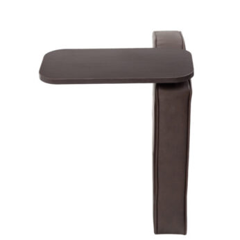 Side view of a modern Bomber Brown Left Arm with Mahogany Tablet chair with a curved backrest and a slender vertical support, isolated on a white background.