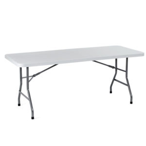 A simple rectangular TOS Molded Folding Table 30" x 72" with a smooth surface and metal legs on a plain background.