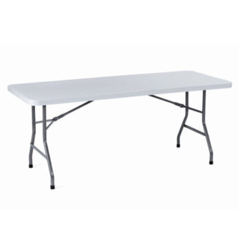 A TOS Molded Folding Table 30" x 96" with a smooth surface and black metal legs, isolated on a white background.