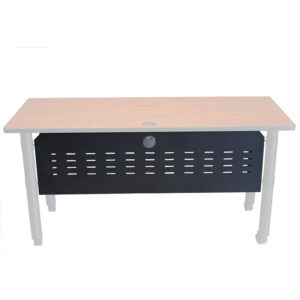 A rectangular wooden desk with a TOS Training Table Modesty Panel-Fits 60″ Table front panel featuring decorative cut-outs, standing on four grey legs.