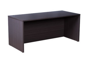 A modern TOS Desk Shell, 71″W X 36″D, Driftwood office desk with panel ends, isolated on a white background.