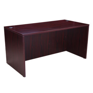 A simple, dark mahogany TOS Desk Shell, 60″W X 30″D, with a rectangular top and panel legs, isolated on a white background.