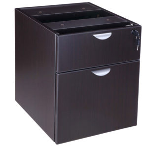 A TOS 2 Hanging Pedestal-3/4 Box/File , Mocha with two drawers, each featuring a silver handle and a lock on the top drawer.