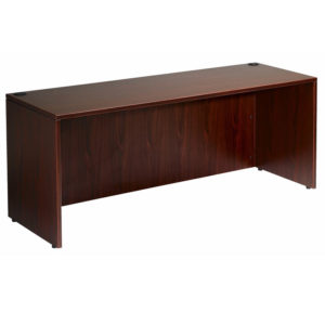 A TOS 66″ Credenza-Mahogany with a smooth top and panel legs, featuring a minimalist design and a dark brown finish.