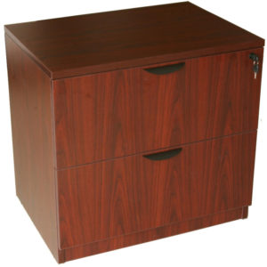 A small mahogany TOS 2-Drawer Lateral File with a lock on the bottom drawer.