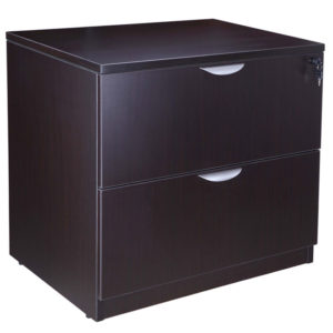 A TOS 2-Drawer Lateral File, Mocha with two drawers, each featuring a silver half-moon handle.